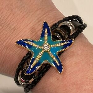Enameled Sea Star & Leather Snap Bracelet